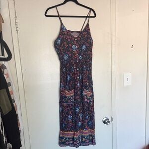 Vibrant Large Button Down Floral Midi Dress with Spaghetti Straps & pockets